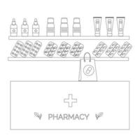 intérieur de la pharmacie avec des pilules, illustration vectorielle de ligne. faire des emplettes avec des médicaments. vecteur