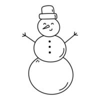 bonhomme de neige souriant mignon dans un chapeau isolé sur fond blanc. illustration vectorielle dessinée à la main dans le style doodle. parfait pour les conceptions de vacances et de Noël, les cartes, le logo, les décorations. vecteur