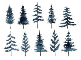 ensemble de pins et de sapins aquarelles isolés sur fond blanc. arbres de silhouette abstraite. parfait pour les conceptions de vacances et de Noël, les cartes, les décorations, les invitations. illustration peinte à la main. vecteur