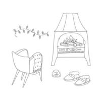 doodle mis hygge hiver. fauteuil cosy linéaire, bottes, cheminée, bougie allumée et guirlande de lanternes. l'heure d'hiver. illustration vectorielle dans un style scandinave et nordique. dessin au trait dessiné à la main vecteur