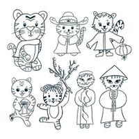 aperçu de la collection de tigres de griffonnage pour les enfants éducatifs, livre de coloriage vecteur