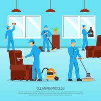 Affiche plate de travail en équipe de nettoyage industriel vecteur
