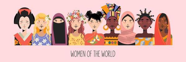 des femmes du monde entier. femmes en tenues traditionnelles. illustration vectorielle. vecteur