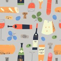 modèle sans couture de bouteilles de vin, bouchons, verres et nourriture. illustration vectorielle. vecteur