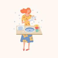 devoirs. une fille fait la vaisselle. illustration vectorielle. vecteur
