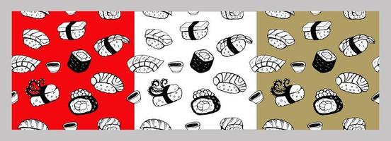 ensemble de modèles sans couture. ensemble de différents sushis et rouleaux japonais dessinés à la main. illustration vectorielle. vecteur