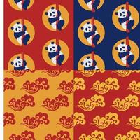 ensemble de motifs de style chinois sans couture avec des pandas chinois et des vagues traditionnelles. illustration colorée de vecteur. modèle chinois traditionnel. vecteur