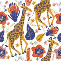 modèle sans couture avec des girafes, des fleurs exotiques et des feuilles. illustration vectorielle. vecteur