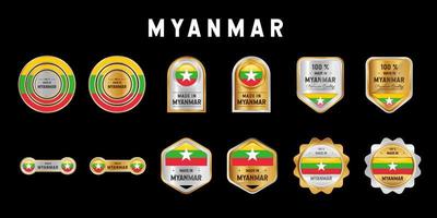 fabriqué au Myanmar étiquette, timbre, badge ou logo. avec le drapeau national du Myanmar. sur les couleurs platine, or et argent. emblème premium et luxe vecteur