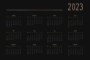 Calendrier 2022 2023 2024 2025 pour carnet de notes de planificateur personnel, or sur style riche de luxe noir. format paysage horizontal. la semaine commence le dimanche vecteur