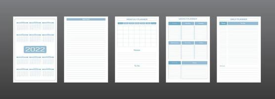 Calendrier 2022 quotidien hebdomadaire mensuel modèle de journal de planificateur personnel dans la couleur bleu gris de style urbain minimaliste strict. la semaine de l'horaire individuel commence le dimanche vecteur