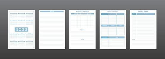 Calendrier 2023 quotidien hebdomadaire mensuel modèle de journal de planificateur personnel dans la couleur bleu gris de style urbain minimaliste strict. la semaine de l'horaire individuel commence le dimanche vecteur