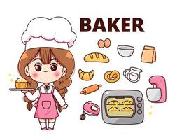 équipement de boulanger collection d'éléments de boulangerie concept de cuisson des aliments dessin animé illustration d'art de dessin animé dessiné à la main