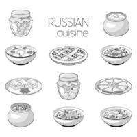 collection monochrome de repas. cuisine russe. style de bande dessinée. illustration vectorielle. isolé sur blanc. noir et blanc. vecteur