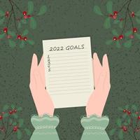 Objectifs 2022. cahier avec le texte objectifs 2022, dans des mains féminines. illustration du nouvel an, motivation, plans, concept de l'année de planification. vecteur