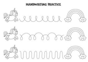 tracer des lignes avec une jolie licorne et un arc-en-ciel. pratique de l'écriture. vecteur