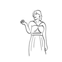 femme d'art en ligne en robe de soirée présentant quelque chose dans un espace vide illustration vectorielle dessinés à la main isolé sur fond blanc vecteur