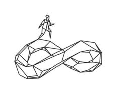 illustration low poly d'un petit homme marchant le long d'un signe de l'infini. vecteur. dessin au trait. style rétro. arrière-plan, symbole, emblème pour l'intérieur. métaphore de l'entreprise. vecteur