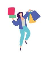 illustration d'une fille avec shopping. vecteur. illustration plate positive en style cartoon. remises et soldes. accro du shopping. vente en ligne. acheteur de marchandises. vecteur