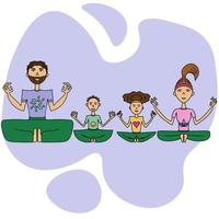 famille pratiquant le yoga, parents et enfants en position du lotus, illustration de dessin animé de personnes faisant de la méditation vecteur