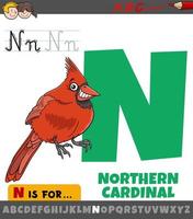 lettre n de l'alphabet avec le caractère d'oiseau cardinal du nord vecteur