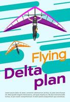 modèle de vecteur d'affiche de plan delta volant. parachutisme, deltaplane. brochure, couverture, conception de page de livret avec illustrations à plat. sport extrême. dépliant publicitaire, dépliant, idée de mise en page de bannière