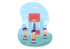 dessin animé d'enfants heureux jouant au basket-ball illustration de conception plate portant un uniforme de panier dans un tribunal extérieur pour le fond, l'affiche ou la bannière vecteur