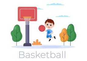 dessin animé d'enfants heureux jouant au basket-ball illustration de conception plate portant un uniforme de panier dans un tribunal extérieur pour le fond, l'affiche ou la bannière vecteur