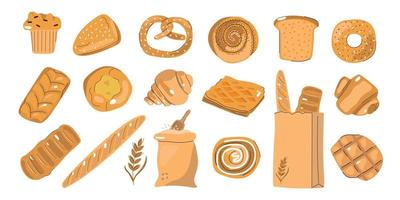 grand ensemble de produits de boulangerie dessinés à la main. illustration plate de petits pains, pâtisserie pour le web et la conception imprimée. vecteur