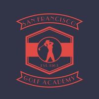 logo vintage de l'académie de golf, insigne, emblème avec une golfeuse, club de swing de joueuse de golf vecteur