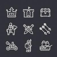 Ensemble d'icônes de ligne de guerre médiévale, chevalier, lancier, cavalier, couronne, château, catapulte, siège, voilier vecteur