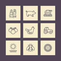 ferme, icônes de ligne de ranch sur des carrés, moissonneuse, tracteur, poule, cochon, récolte, icônes de récolte, illustration vectorielle vecteur