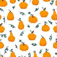 citrouilles oranges de diverses formes modèle sans couture. action de grâces, récolte et fond d'automne d'halloween. texture d'automne de vecteur de dessin animé.