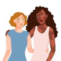 deux filles souriantes avec un problème de peau de maladie de dermatologie vitiligo de différentes nationalités se tenant ensemble. journée mondiale du vitiligo. s'accepter. soin de soi et amour de soi. illustration vectorielle plane vecteur