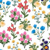 imprimé de fleurs de printemps. modèle sans couture de vecteur de prairie en fleurs au milieu de l'été. fond végétal pour la mode, fonds d'écran, emballage. différentes fleurs sur le terrain. millefleurs style liberty. art floral