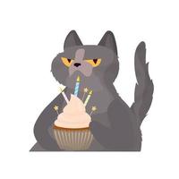 chat drôle tient un cupcake festif. bonbons à la crème, muffin, dessert festif, confiserie. bon pour les cartes, les t-shirts et les autocollants. style plat. vecteur. vecteur