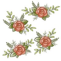 fleurs roses, boutons rouges et feuilles vertes. ensemble de collection. isolé sur fond blanc. illustration vectorielle. vecteur