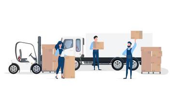 chargement de marchandises dans la voiture. les déménageurs transportent des cartons. le concept de déménagement et de livraison. camion, chariot élévateur, chargeur. vecteur. vecteur