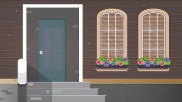 maison en bois marron avec de grandes fenêtres. fenêtres avec des fleurs. porche d'une maison de campagne. vecteur