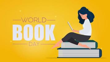 bannière de la journée mondiale du livre. la femme lit un livre. vecteur. vecteur