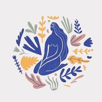 vecteur stylisé femme assise avec fleurs, cheveux longs, illutration silhouette bleue. concept féminin, illustration artistique. utiliser comme affiche, impression pour t-shirt, élément de design pour produits de beauté