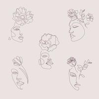 ensemble d'images vectorielles de visages de femmes, corps d'illustrations d'art, têtes avec fleurs et feuilles, concept de nature féminine. utiliser pour les impressions, tatouages, affiches, textiles, logotypes, cartes, produits de beauté. vecteur