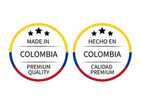 made in colombia étiquettes rondes en anglais et en espagnol. icône de vecteur de marque de qualité. parfait pour la conception de logo, les étiquettes, les badges, les autocollants, l'emblème, l'emballage du produit