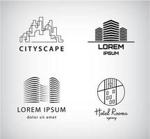 ensemble d'images vectorielles de silhouette logos ville, architecture, immeuble de bureaux, immobilier.