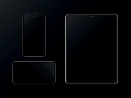 ensemble de smartphone et tablette noirs sur fond noir. modèle de conception moderne de gadgets. maquette de téléphone portable et de tablette. vecteur