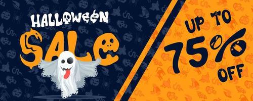 affiche de réduction halloween fantôme et grande vente vierge vecteur