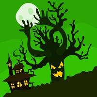illustration halloween arbre maléfique et maison verte vecteur