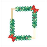 cadre de noël avec boules de décoration rouges et vertes, feuilles de pin. cadre de Noël avec ruban rouge. cadre photo carré doré réaliste avec lumières étoiles, boule de décoration et ruban rouge sur fond blanc.