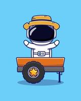 astronaute mignon portant un chapeau de paille avec un camion vecteur