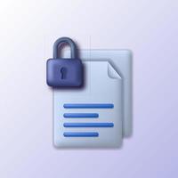 Fichier 3d page document papier cadenas sécurité confidentialité icône mignonne illustration concept pour l'archive de données privées cyber numériques vecteur